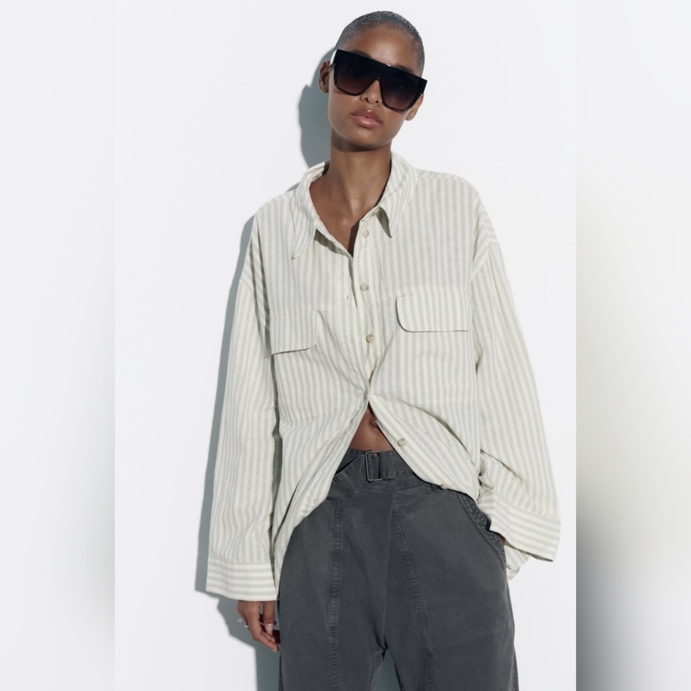 Zara Beige and White Striped Button-Down Shirt